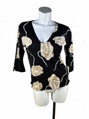 Realities Black w/ White & Tan Floral Print 3/4 Sleeve V-Neck Top in Size Large